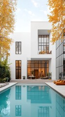 Modern white house with pool, autumn trees, and patio