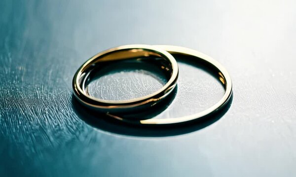 Wedding Rings on Reflective Surface, Minimalist shot of two gold wedding rings on a reflective surface