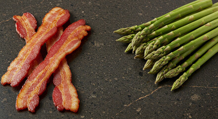 Bacon Strips vs. Bundled Asparagus Spears on Smoky Quartz