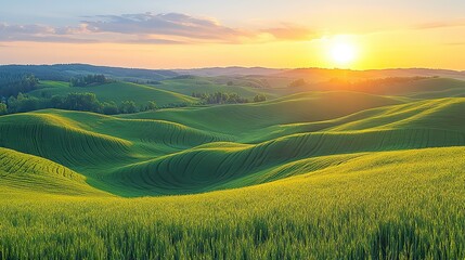Obraz premium Green hills create patterns in Palouse, sunset glow, nature and agriculture.