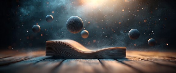 Fototapeta premium Open book on wood, orbs float above, smoky, mystical