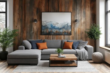 Comfortable living room showcasing rustic wood wall and modern decor