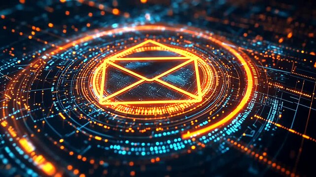 Futuristic digital interface showcasing an illuminated envelope symbol amidst a vibrant network of data connections