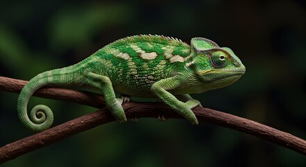 Fototapeta premium Emerald Gaze: A Vibrant Chameleon on a Branch in Natural Habitat Close Up