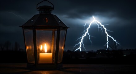 Luminous lantern radiates against a dramatic lightning storm backdrop