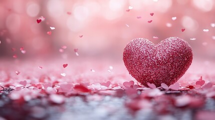 Obraz premium Hearts and confetti fall against soft pink in a Valentine's Day background, creating a romantic atmosphere.