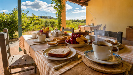 Fototapeta premium Rustic outdoor breakfast enjoying fresh bread fruit and tea overlooking a scenic vineyard