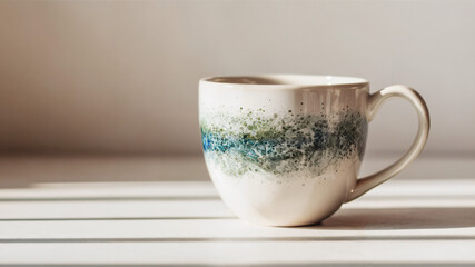 Stylish ceramic mug with teal and green speckled design sits on a white surface in sunlight