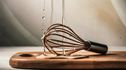 Wooden Whisk Dripping Batter on Wooden Cutting Board Baking Pastry Kitchen Tool