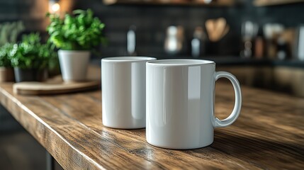 Ideal for showcasing designs or branding, two plain white mugs stand on a wooden table in a modern kitchen with a blurred background and kitchenware.