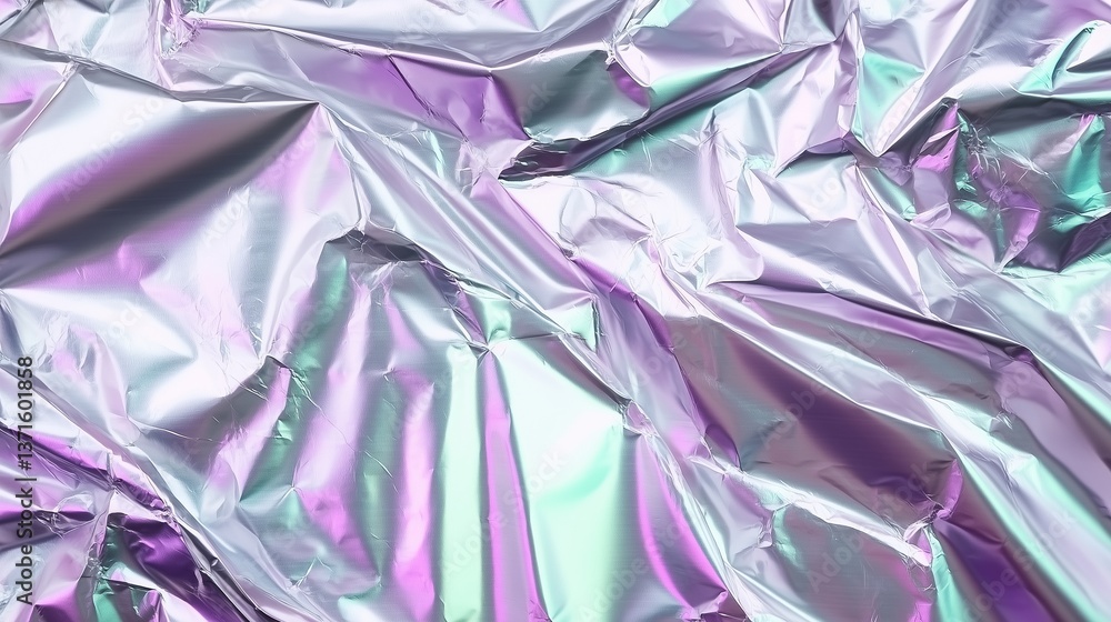 Poster holographic silver foil crumpled paper background with iridescent hologram effect, bright pastel col