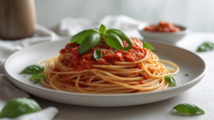 Spaghetti with Homemade Tomato Sauce and Fresh Basil on White Plate, Ideal for Social Media Food Posts and Family Recipe Features