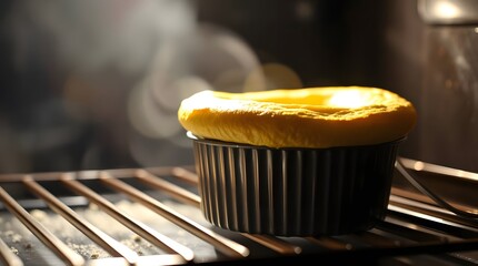 Baked souffle in oven, steaming hot