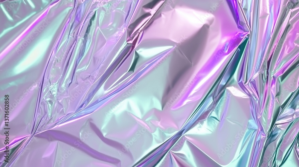 Poster holographic silver foil crumpled paper background with iridescent hologram effect, bright pastel col