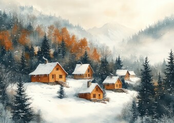 Winter Landscape with Cozy Wooden Cottages and Evergreen Trees in Snowy Hills for Christmas Greeting Card