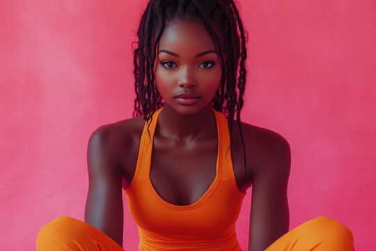 fit cheerful african american woman in vibrant orange activewear sitting cross-legged in studio on pink background - Powered by Adobe
