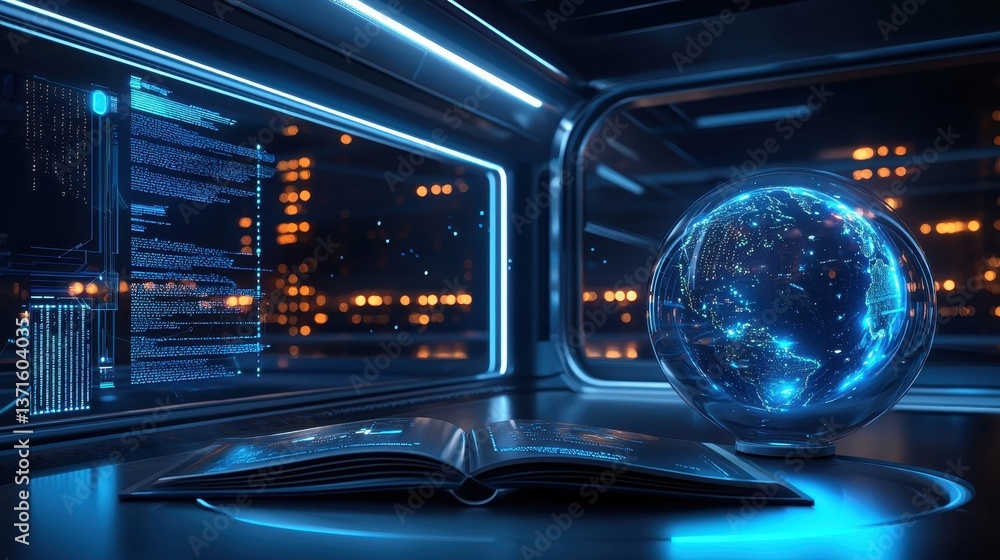 Poster futuristic technology setup with coding, a book, and a glowing globe against a backdrop of city ligh