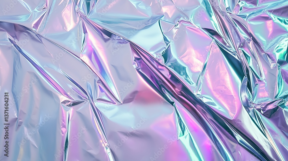 Poster holographic silver foil crumpled paper background with iridescent hologram effect, bright pastel col