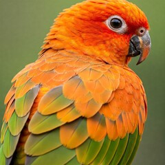 Fototapeta premium The image shows an orange parakeet with small green lines on its back, generative Ai