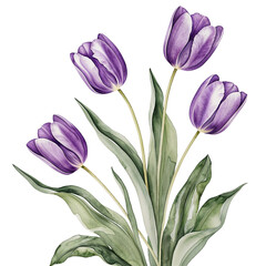Fototapeta premium Watercolor Purple Tulip Flowers with Green Leaves – Elegant Botanical Floral Illustration