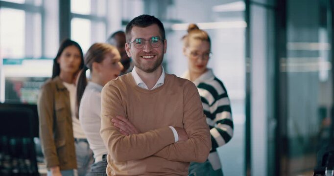 A successful business team working together in a modern startup office. Executives and employees collaborate, brainstorm, and showcase teamwork, leadership, and innovation in a confident, dynamic