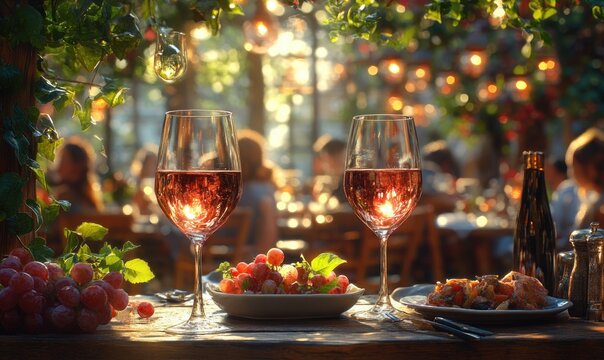 Senior Friends Enjoying Red Wine Outdoors at Dinner Party in Vibrant Impressionist Style
