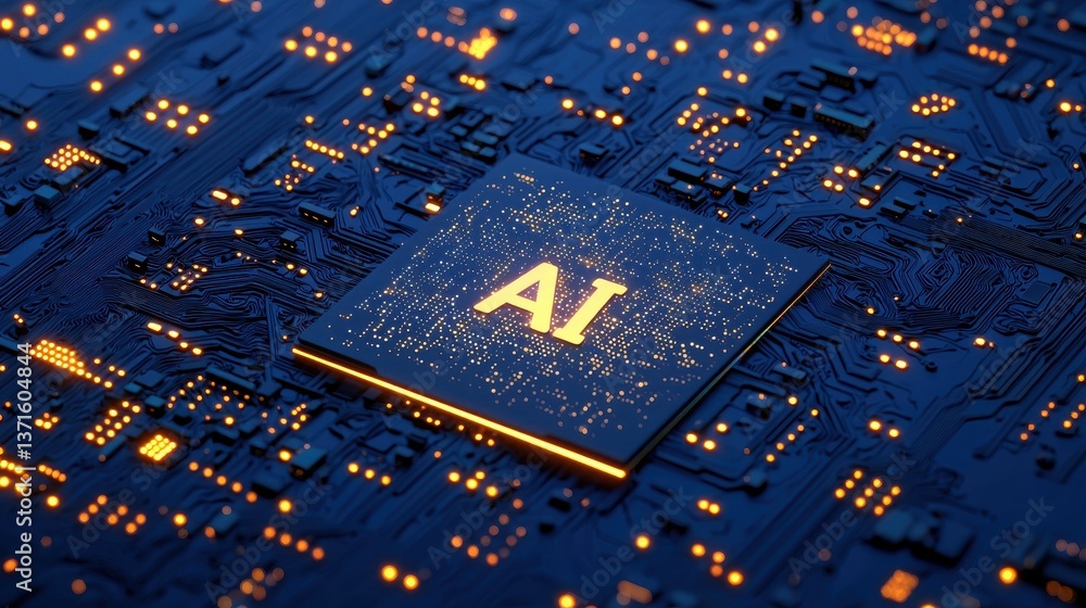 Poster ai word on microchip over world with small spot light spread , ai concept with copyspace banner back