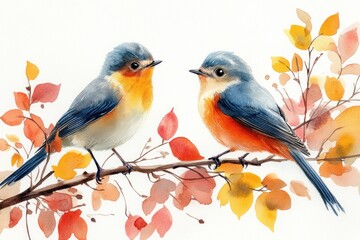 Watercolor Birds on Branches with Flowers and Leaves for Autumn Invitation Background