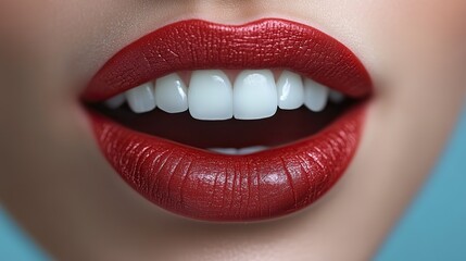 Obraz premium Light blue background red lipstick open mouth, perfect white teeth.