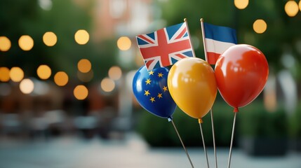 Colorful balloons and flags representing international relations and cultural connections in an outdoor setting.