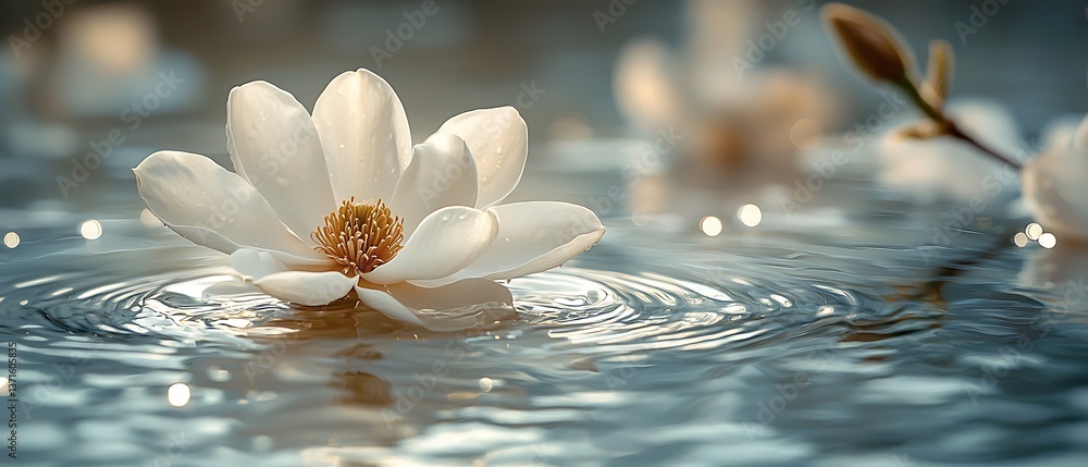 Poster elegant white flower gently floating on calm water, creating ripples and reflections in a serene set