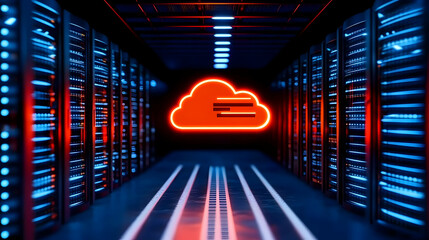 Futuristic Server Room Illustration Featuring Blue And Red Neon Lighting