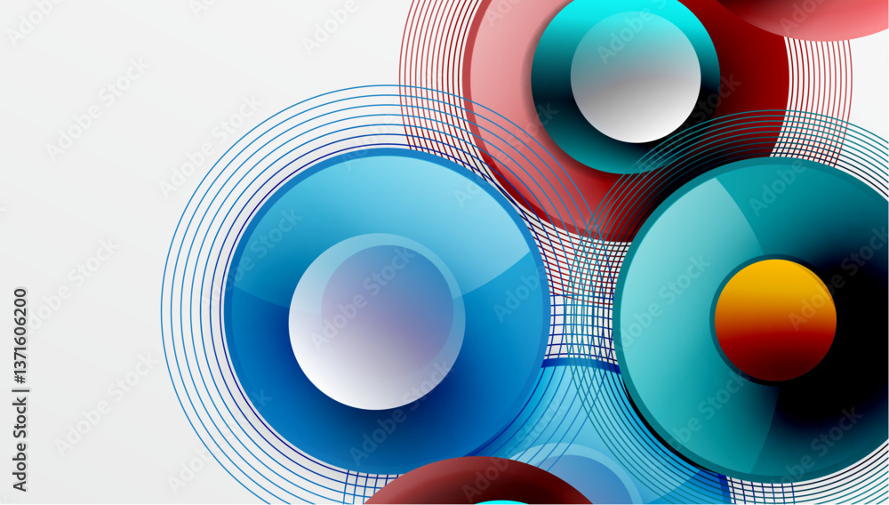 Poster Abstract composition of overlapping circles with smooth gradients and transparency effects. Clean and modern design emphasizing depth, symmetry, and a minimal aesthetic