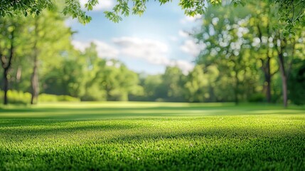 Obraz premium Beautiful blurred background image of spring nature with a neatly trimmed lawn surrounded by trees against sky on a bright sunny day.