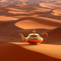 Golden Teapot On Desert Sand Dunes In Warm Sunlight Photo