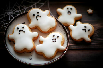 Halloween Ghost Cookies on Plate Photo with Wooden Background