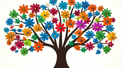 Illustration Of A Colorful Tree With Many Blossoming Flowers On White Background