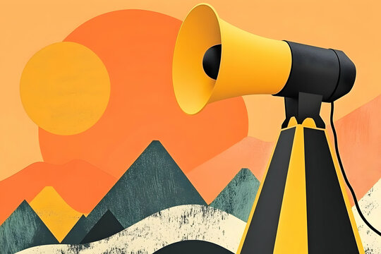 Geometric Illustration of Megaphone Announcing over Mountains and Sun in Orange Hues