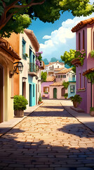 Illustration of a Colorful Street with Buildings Cobblestone Path and Sky View