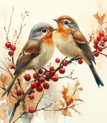 Christmas Card with Birds on Branch, Red Berries and Ornaments, Watercolor Design for Holiday Invitation