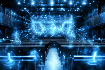 Futuristic Blue Illuminated Interior 3D Digital Space With Geometric Shapes