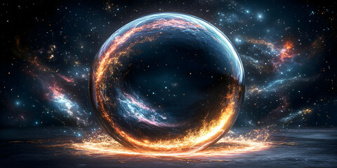 Illustration of Cosmic Sphere in Space with Glowing Energy and Stars