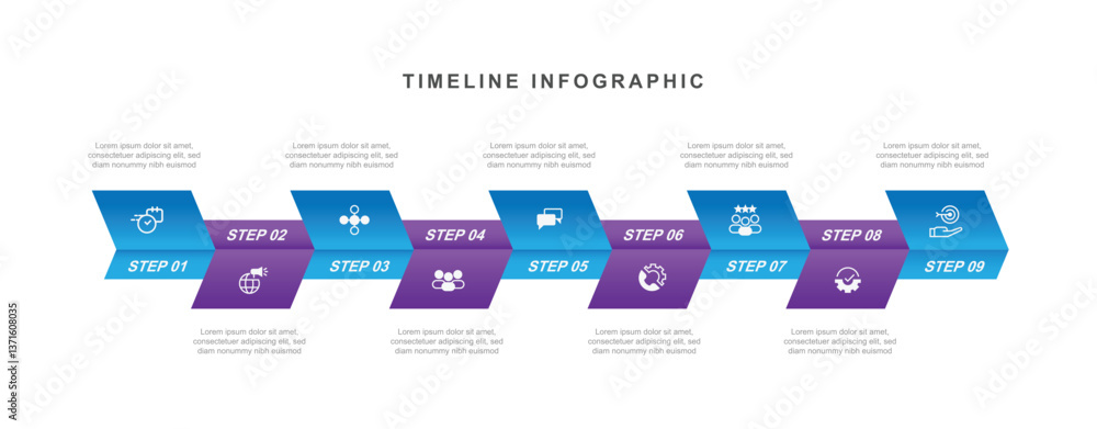 Poster 9 step infographic with paper style and icons suitable for business information and web presentation