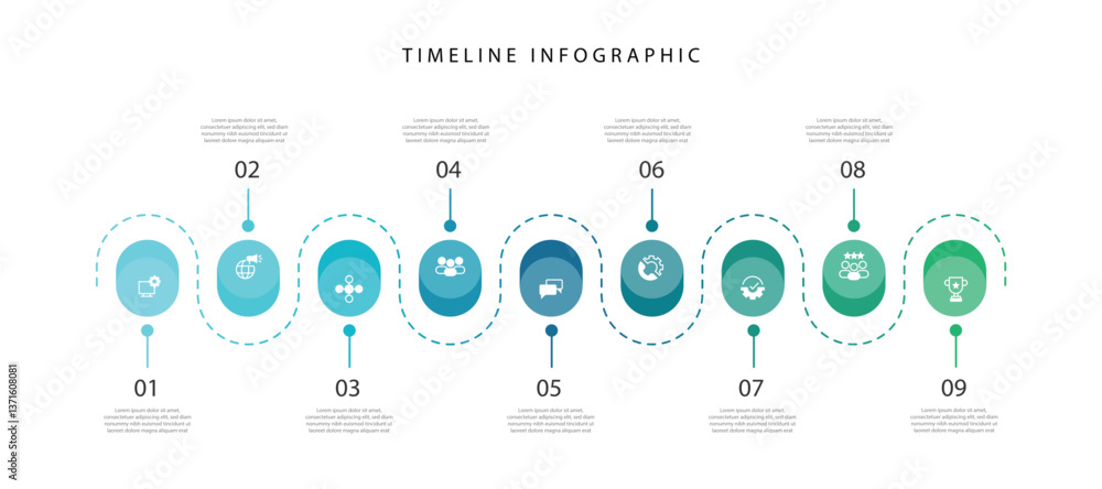 Poster 9 step timeline infographic. Template information with icons on circles and lines connected suitable for business presentation, workflow layout and banner  information