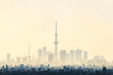 Fototapeta premium Illustrative Skyline of Distant City Buildings under a Pale and