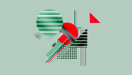 Geometric Abstract Background with Bold Shapes and Contrasting Colors. Circles, triangles, squares and lines with shadow effect