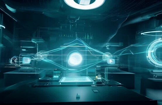 Laboratory setting with futuristic technology and glowing elements at night