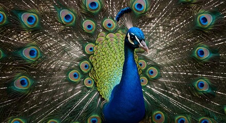 Obraz premium Majestic peacock displays vibrant plumage in elaborate courtship ritual