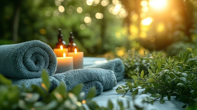 On a massage bed, towels, burning candles, essential oils, and beauty products create a relaxing atmosphere for a luxurious summer spa treatment.