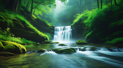 A beautiful waterfall is surrounded by lush green trees and a calm river